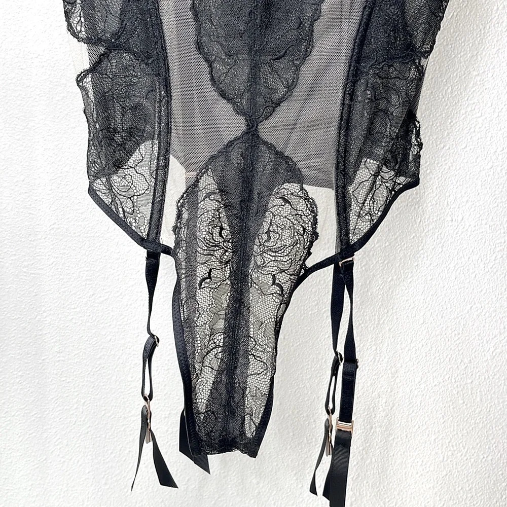 Savage X Fenty by Rihanna Black Lace & Tan Mesh Sheer Bodysuit Teddy Size Small